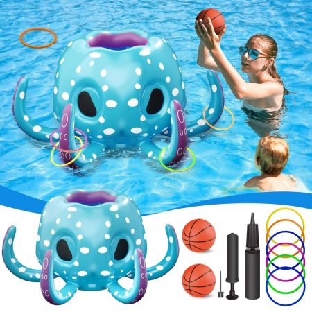 Jucarie pentru piscina Simply Joy, Caractita 2 in 1, colac gonflabil si joc de apa, cos de baschet si joc de aruncat inele, jucarie in aer liber piscina sau curte, albastru [4]