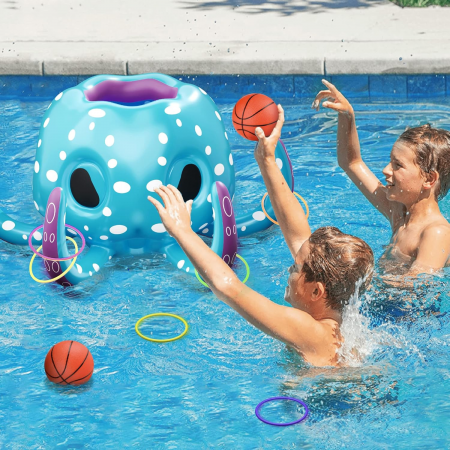Jucarie pentru piscina Simply Joy, Caractita 2 in 1, colac gonflabil si joc de apa, cos de baschet si joc de aruncat inele, jucarie in aer liber piscina sau curte, albastru [6]