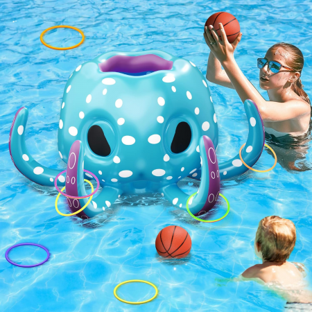 Jucarii de vara - Jucarie pentru piscina Simply Joy, Caractita 2 in 1, colac gonflabil si joc de apa, cos de baschet si joc de aruncat inele, jucarie in aer liber piscina sau curte, albastru