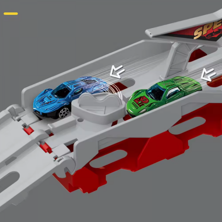 Jucarie Set Camion Trailer pentru Transport Masinute de curse, Simply Joy®, Tir cu 16 Masini Incluse pentru Copii de 3, 4, 5, 6 ani, Catapultare Vehicule, Platforma si Pista de curse, Prelungire 2.07m [6]