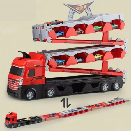 Jucarie Set Camion Trailer pentru Transport Masinute de curse, Simply Joy®, Tir cu 16 Masini Incluse pentru Copii de 3, 4, 5, 6 ani, Catapultare Vehicule, Platforma si Pista de curse, Prelungire 2.07m [3]