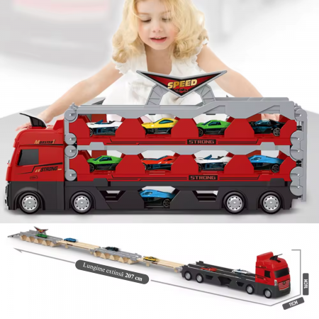 Jucarie Set Camion Trailer pentru Transport Masinute de curse, Simply Joy®, Tir cu 16 Masini Incluse pentru Copii de 3, 4, 5, 6 ani, Catapultare Vehicule, Platforma si Pista de curse, Prelungire 2.07m [7]