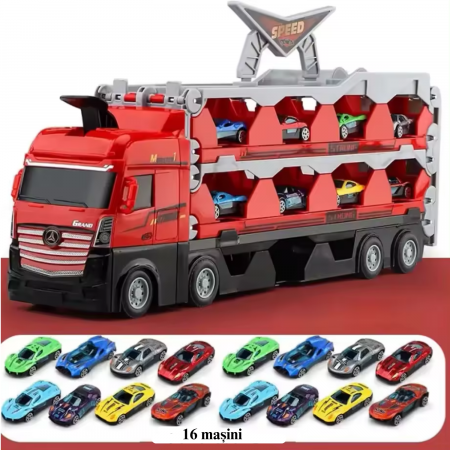 Jucarie Set Camion Trailer pentru Transport Masinute de curse, Simply Joy®, Tir cu 16 Masini Incluse pentru Copii de 3, 4, 5, 6 ani, Catapultare Vehicule, Platforma si Pista de curse, Prelungire 2.07m [4]