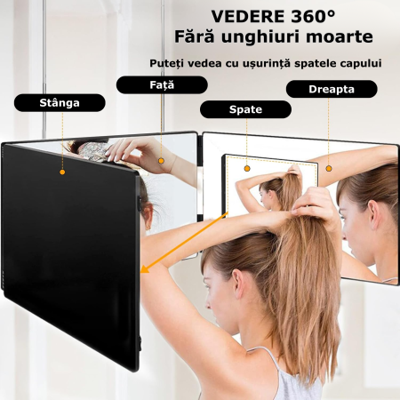 Oglinda Cosmetica Iluminata Led 360° Simply Joy® Anti Aburire, Portabila, Sistem Agatare, Pliabila, Lungime Reglabila, Oglinzi Cosmetice pentru Coafor, Barbierit, Vopsit, Tuns si Machiaj, ABS, Negru [1]