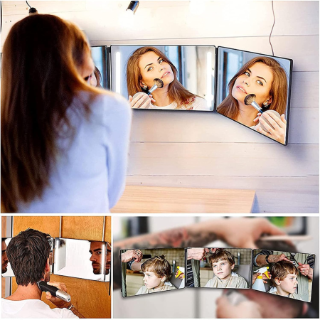 Oglinda Cosmetica Iluminata Led 360° Simply Joy® Anti Aburire, Portabila, Sistem Agatare, Pliabila, Lungime Reglabila, Oglinzi Cosmetice pentru Coafor, Barbierit, Vopsit, Tuns si Machiaj, ABS, Negru [10]