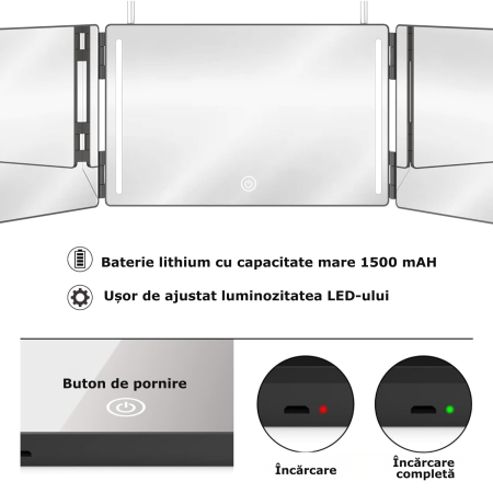 Oglinda Cosmetica Iluminata Led 360° Simply Joy® Anti Aburire, Portabila, Sistem Agatare, Pliabila, Lungime Reglabila, Oglinzi Cosmetice pentru Coafor, Barbierit, Vopsit, Tuns si Machiaj, ABS, Negru [4]