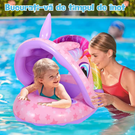 RESIGILAT - Colac de inot pentru bebelusi si copii, Simply Joy, cu parasolar detasabil, model Unicorn, Roz, 6-36 luni [4]