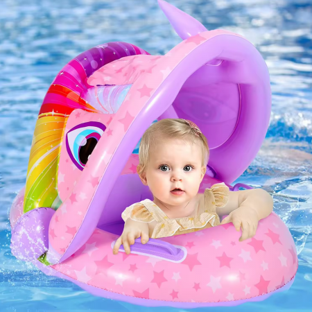 RESIGILAT - Colac de inot pentru bebelusi si copii, Simply Joy, cu parasolar detasabil, model Unicorn, Roz, 6-36 luni [1]