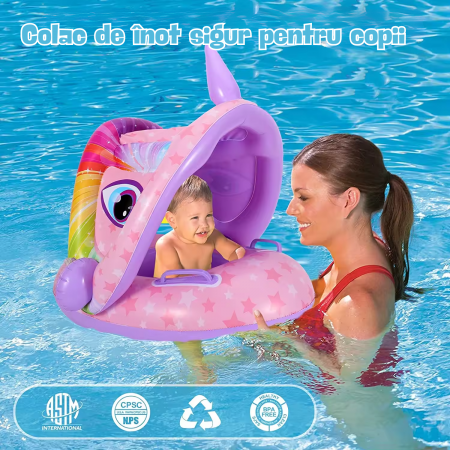 RESIGILAT - Colac de inot pentru bebelusi si copii, Simply Joy, cu parasolar detasabil, model Unicorn, Roz, 6-36 luni [3]