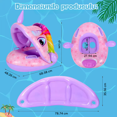 RESIGILAT - Colac de inot pentru bebelusi si copii, Simply Joy, cu parasolar detasabil, model Unicorn, Roz, 6-36 luni [2]