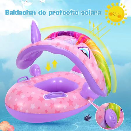 RESIGILAT - Colac de inot pentru bebelusi si copii, Simply Joy, cu parasolar detasabil, model Unicorn, Roz, 6-36 luni [6]