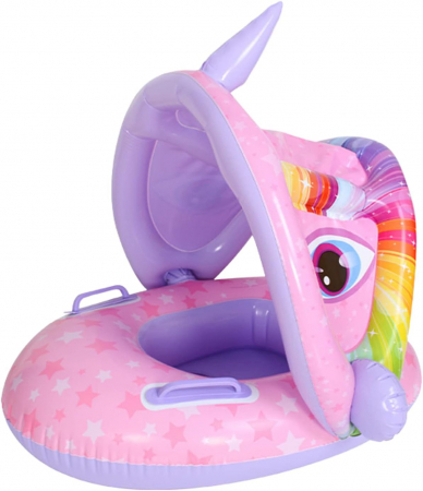 Produse - RESIGILAT - Colac de inot pentru bebelusi si copii, Simply Joy, cu parasolar detasabil, model Unicorn, Roz, 6-36 luni