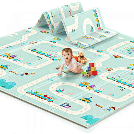 Resigilate - RESIGILAT - Covor de joaca termic girafa si tren 200 X 180 X 1 cm, Simply Joy,pliabil,antiderapant,educativ si interactiv cu doua fete, extra gros, protectie impotriva loviturilor, cadou bebelusi