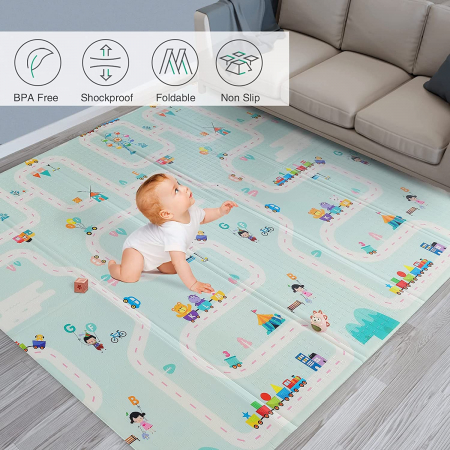 RESIGILAT - Covor de joaca termic girafa si tren 200 X 180 X 1.5 cm, Simply Joy,pliabil,antiderapant,educativ si interactiv cu doua fete, extra gros, protectie impotriva loviturilor - Copie [2]