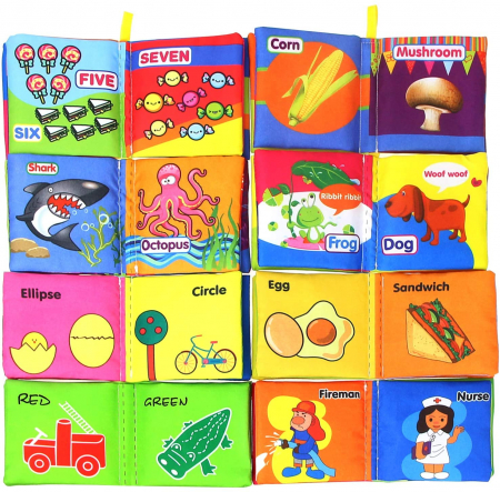 RESIGILAT - Set 8 carti senzoriale textile pentru bebelusi cu animale, animale marine, numere, fructe, forme, culori cu fosnaitoare si sunete, + 3 luni, Simply Joy, multicolor [1]