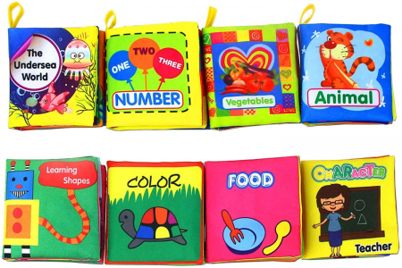 Resigilate - RESIGILAT - Set 8 carti senzoriale textile pentru bebelusi cu animale, animale marine, numere, fructe, forme, culori cu fosnaitoare si sunete, + 3 luni, Simply Joy, multicolor