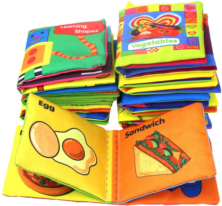 RESIGILAT - Set 8 carti senzoriale textile pentru bebelusi cu animale, animale marine, numere, fructe, forme, culori cu fosnaitoare si sunete, + 3 luni, Simply Joy, multicolor [2]
