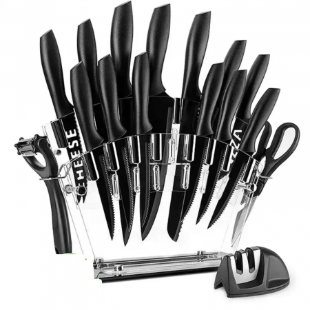 Resigilate - RESIGILAT - Set de cutite pentru bucatarie, Simply Joy, 17 piese, cu suport acrilic, Foarfeca si Dispozitiv de Ascutit inclus, plus Decojitor fruncte/legume, Otel Inoxidabil, Negru