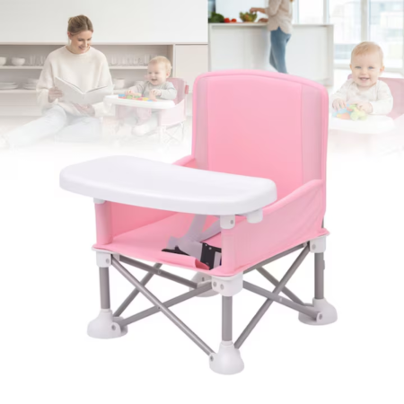 Scaun de masa pentru bebelusi si copii, Simply Joy, Tavita si Husa Detasabile si Lavabile, Multifunctional si Stabil, Centura de siguranta, Cos de depozitare, Roz, +6 luni