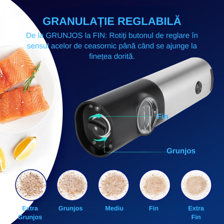 Set 2 rasnite electrice pentru sare si piper, Simply Joy, Reincarcabile, Cablu USB, lumina LED, Perie curatare, Stand pentru incarcare, Gri/Negru [3]