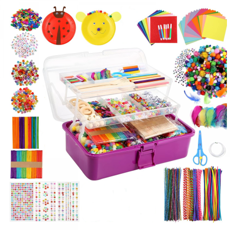 Produse - Set 3000 de Piese de Arta si Meserii pentru Copii, cu cutie portabila de depozitare pliabila in 3 straturi, Jucarie de artizanat pentru copii fete si baieti de 3-9 ani