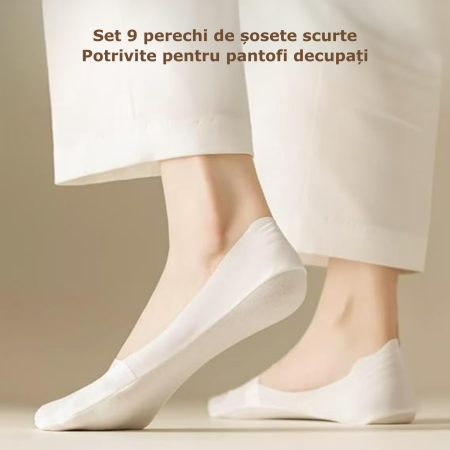 Set 9 perechi de sosete scurte pentru femei, Simply Joy, Subtiri, invizibile, anti-alunecare, Marime universala 35-40 EU, pentru mocasini, balerini, pantofi decupati, imprimeu uni, negru/alb/bej [1]