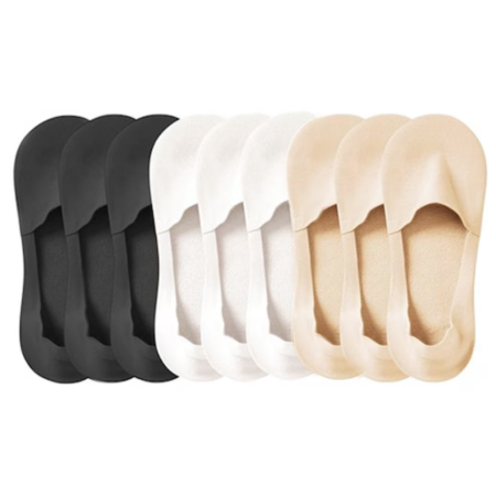 Produse - Set 9 perechi de sosete scurte pentru femei, Simply Joy, Subtiri, invizibile, anti-alunecare, Marime universala 35-40 EU, pentru mocasini, balerini, pantofi decupati, imprimeu uni, negru/alb/bej