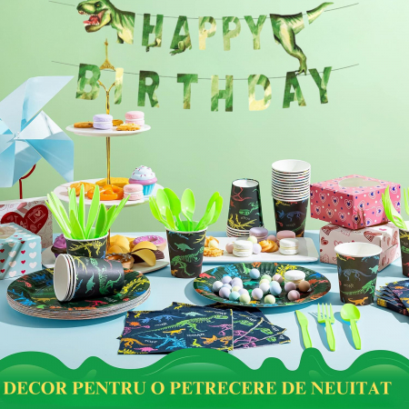 Set de accesorii petrecere aniversara, Simply Joy®, 145 Piese, Tematica Dinozauri, Banner “Happy Birthday”, Farfurii, Pahare, Servetele, Lingurite, Furculite, Cutite, Verde [1]