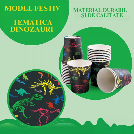 Set de accesorii petrecere aniversara, Simply Joy®, 145 Piese, Tematica Dinozauri, Banner “Happy Birthday”, Farfurii, Pahare, Servetele, Lingurite, Furculite, Cutite, Verde [5]
