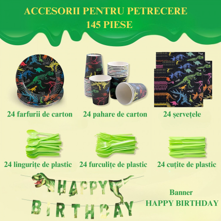 Set de accesorii petrecere aniversara, Simply Joy®, 145 Piese, Tematica Dinozauri, Banner “Happy Birthday”, Farfurii, Pahare, Servetele, Lingurite, Furculite, Cutite, Verde [2]