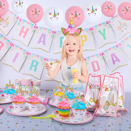 Set de baloane si accesorii petrecere aniversara, Simply Joy®, 164 Piese, Tematica Unicorn, Baloane, Banner “Happy Birthday”, Decor pentru tort, Farfurii, Pahare, Servetele, Lingurite, Furculite, Cuti [3]