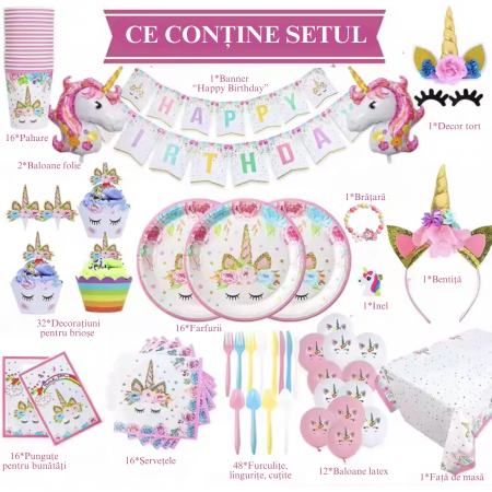 Set de baloane si accesorii petrecere aniversara, Simply Joy®, 164 Piese, Tematica Unicorn, Baloane, Banner “Happy Birthday”, Decor pentru tort, Farfurii, Pahare, Servetele, Lingurite, Furculite, Cuti [1]