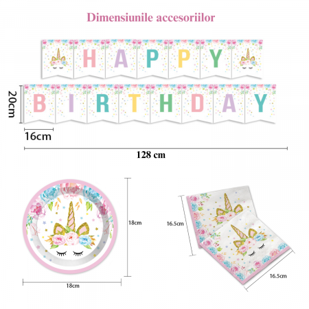 Set de baloane si accesorii petrecere aniversara, Simply Joy®, 164 Piese, Tematica Unicorn, Baloane, Banner “Happy Birthday”, Decor pentru tort, Farfurii, Pahare, Servetele, Lingurite, Furculite, Cuti [2]