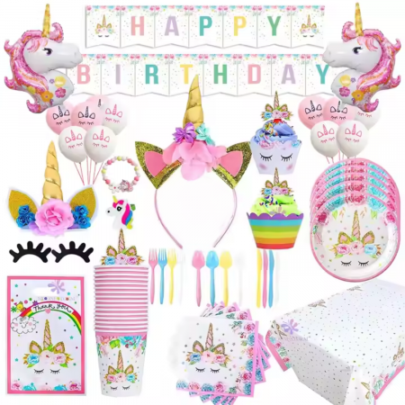 Accesorii petrecere - Set de baloane si accesorii petrecere aniversara, Simply Joy®, 164 Piese, Tematica Unicorn, Baloane, Banner “Happy Birthday”, Decor pentru tort, Farfurii, Pahare, Servetele, Lingurite, Furculite, Cuti