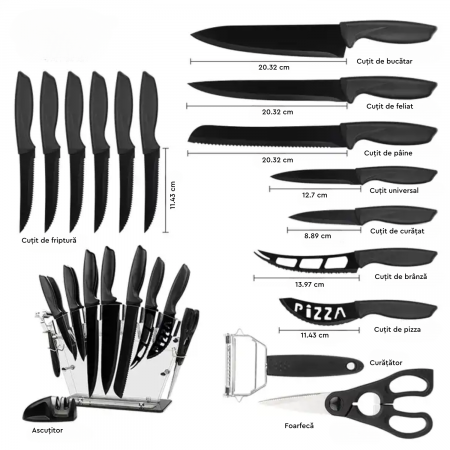 Set de cutite pentru bucatarie, Simply Joy, 17 piese, cu suport acrilic, Foarfeca si Dispozitiv de Ascutit inclus, plus Decojitor fruncte/legume, Otel Inoxidabil, Negru [1]