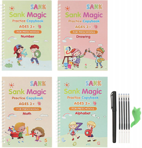 Set rechizite scolare cu 4 caiete de lucru in limba engleza pentru scris si desenat cu stiloul magic, multicolor,  19 cm X 13 cm, + rezerve stilou magic [0]