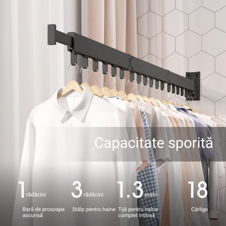 Suport de uscare pentru haine, Simply Joy, 114 cm, retractabil cu carlige, usor de instalat, uscator de rufe cu capacitate mare de incarcare, pentru balcon, baie, dormitor, negru [2]