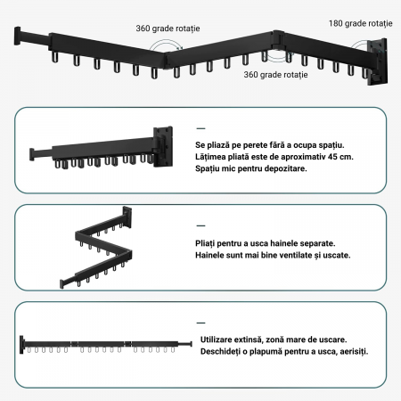 Suport de uscare pentru haine, Simply Joy, 114 cm, retractabil cu carlige, usor de instalat, uscator de rufe cu capacitate mare de incarcare, pentru balcon, baie, dormitor, negru [1]