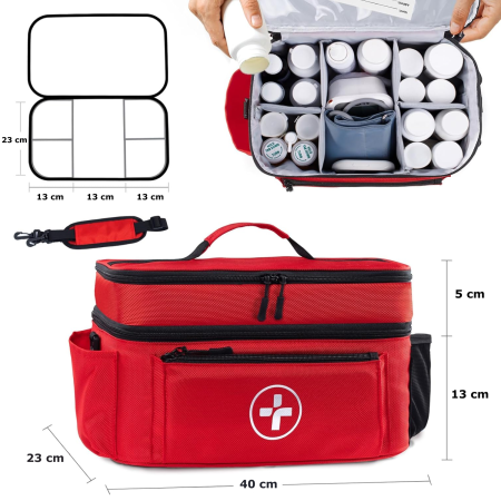 Trusa medicala de prim ajutor Simply Joy, organizator pentru medicamente si consumabile, Curea de umar detasabila si separatoare, Geanta medicala pentru casa/masina/calatorii, 40x23x18 cm, Rosu [3]