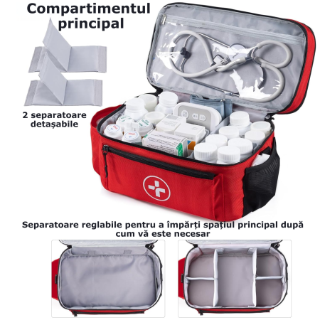 Trusa medicala de prim ajutor Simply Joy, organizator pentru medicamente si consumabile, Curea de umar detasabila si separatoare, Geanta medicala pentru casa/masina/calatorii, 40x23x18 cm, Rosu [2]