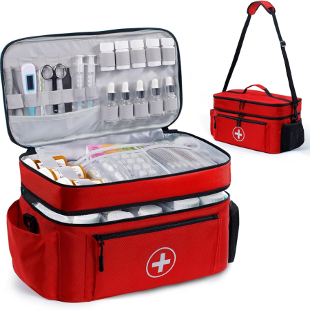 Produse - Trusa medicala de prim ajutor Simply Joy, organizator pentru medicamente si consumabile, Curea de umar detasabila si separatoare, Geanta medicala pentru casa/masina/calatorii, 40x23x18 cm, Rosu
