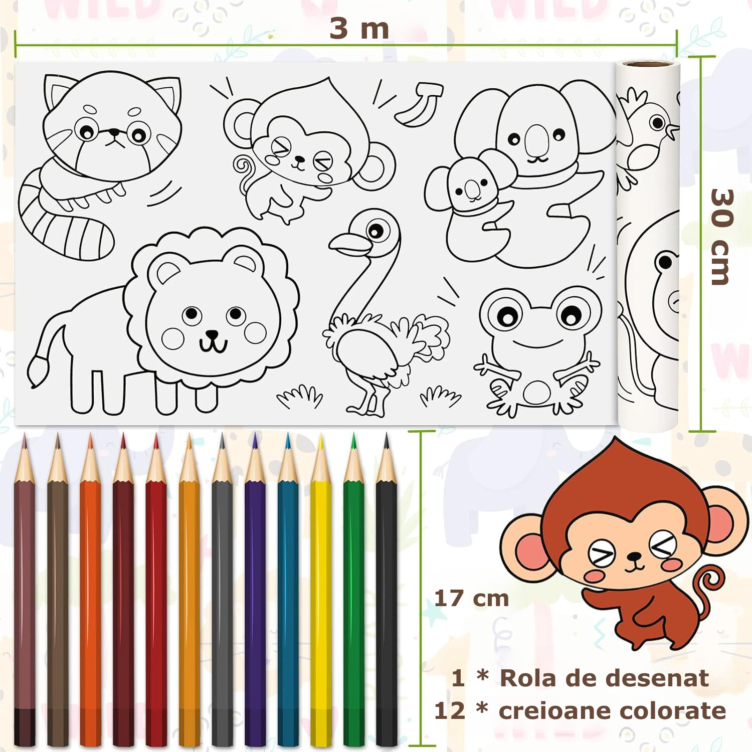 Rola de 3 m pe 30 cm și creioanele de 17 cm