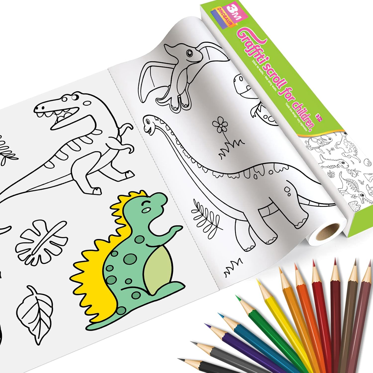 Rola desfăcută, cu dinozauri de colorat, și creioanele colorate