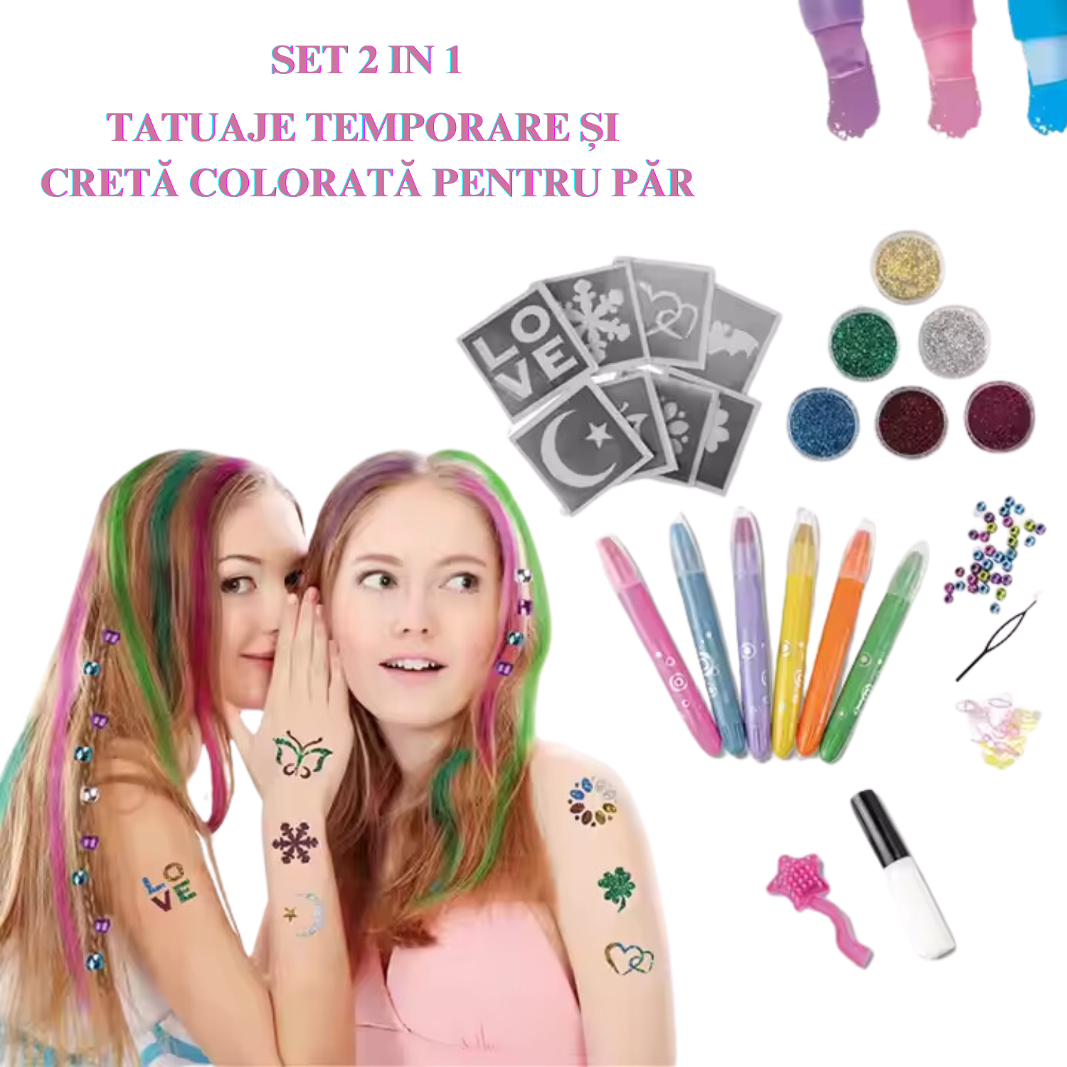 Set 2 în 1: tatuaje temporare și cretă colorată pentru păr