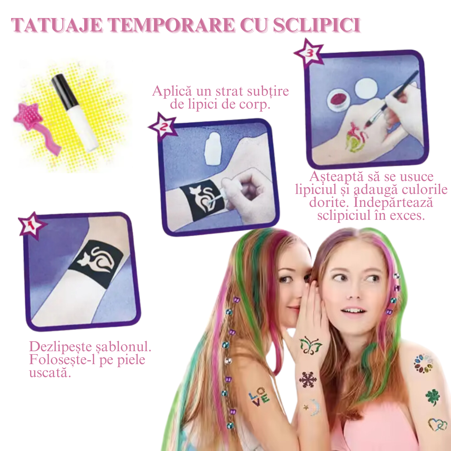 Cum faci un tatuaj cu sclipici: șablon, lipici, culoare