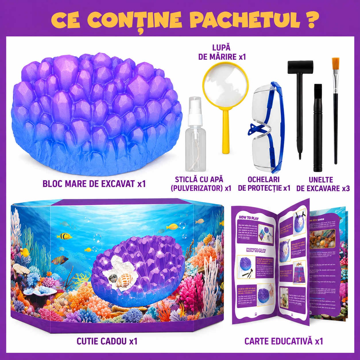Ce conține pachetul: bloc de excavat, pulverizator, lupă, ochelari, unelte, carte și cutie cadou
