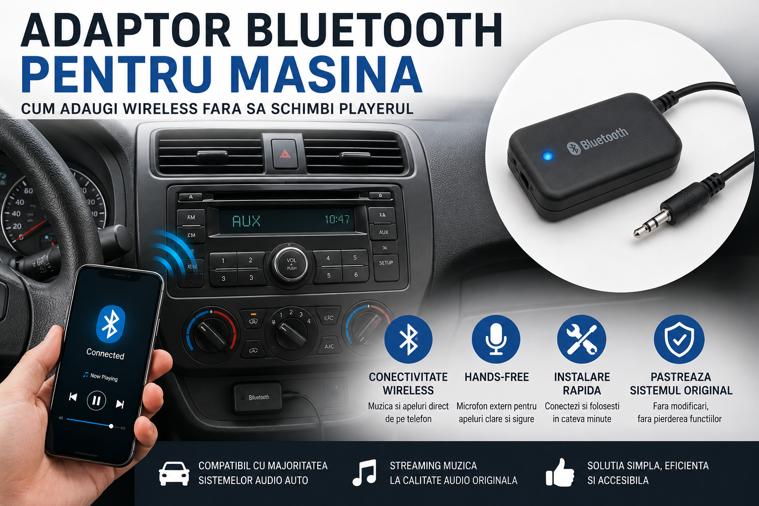 Adaptor Bluetooth pentru masina – cum adaugi wireless fara sa schimbi playerul
