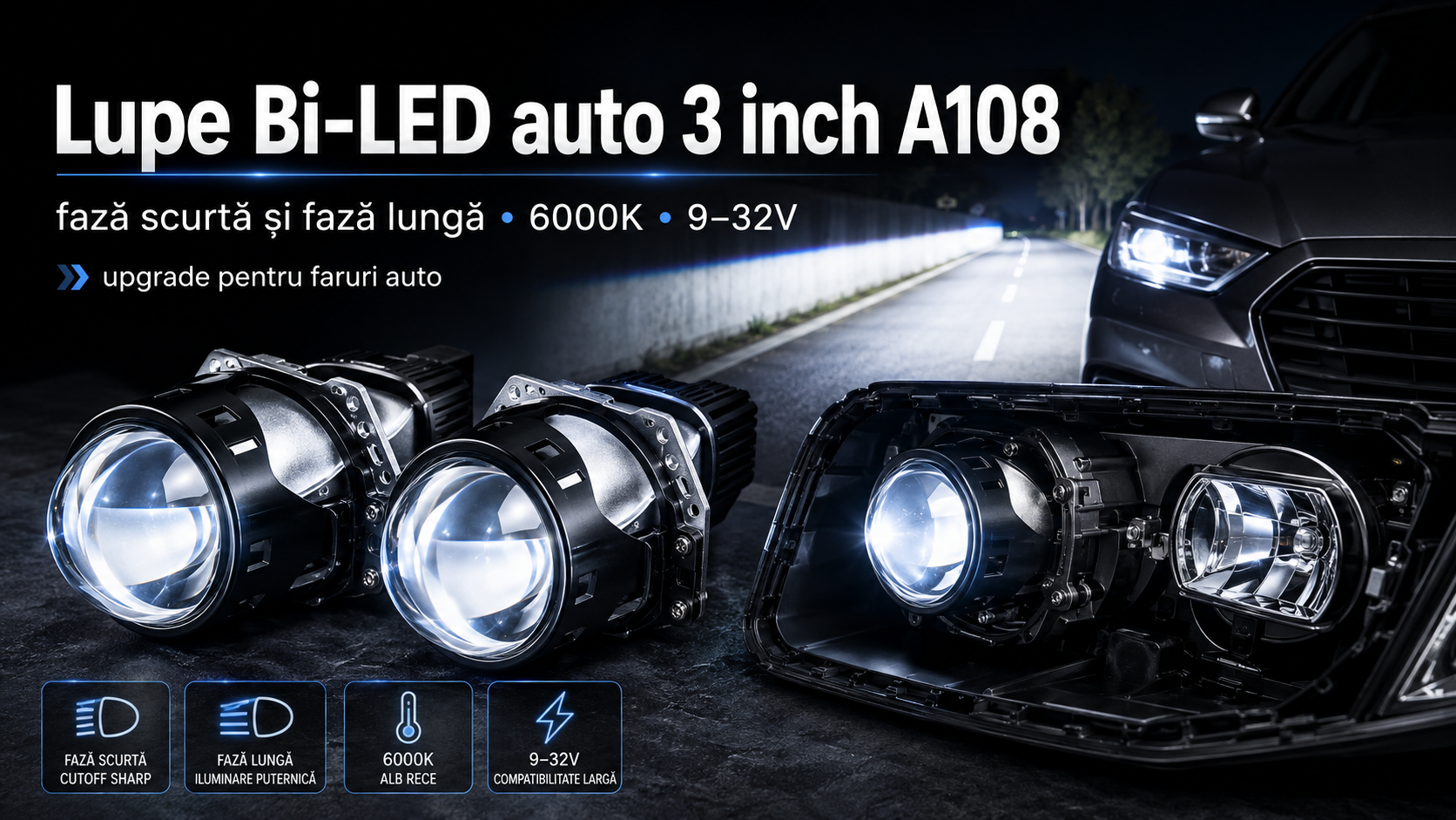 Lupe Bi-LED auto 3 inch – cum poți transforma iluminarea farurilor cu A108 6000K