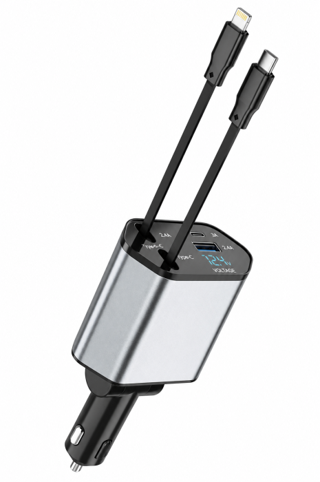Incarcator auto 4 in 1, 120W, cu cabluri retractabile USB-C și Lightning [2]