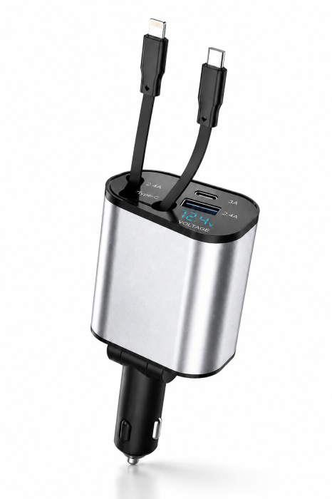 Incarcator auto 4 in 1, 120W, cu cabluri retractabile USB-C și Lightning [4]